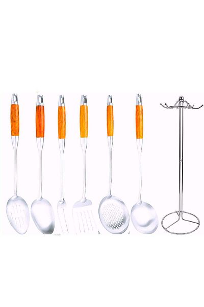 ELEGANT HOME Ben Shehon Stainless Steel Cooking Spoon Set with Wooden Handle and Stand - 7 Pieces