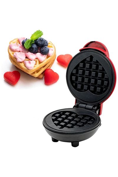 EMATTERIO Mini Heart-Shaped Waffle Maker, Non-Stick Coating, Indicator Light, Red/Black