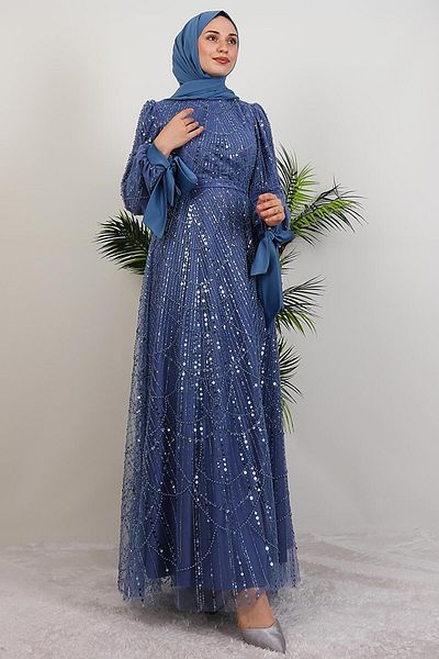 GİYZAMİLA Sleeveless Satin Evening Dress Blue