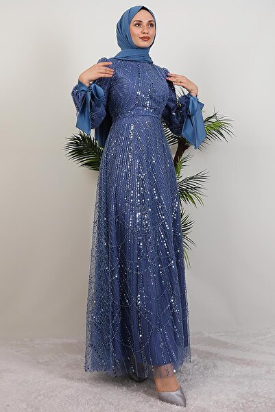 GİYZAMİLA Kol Ucu Saten Abiye Mavi