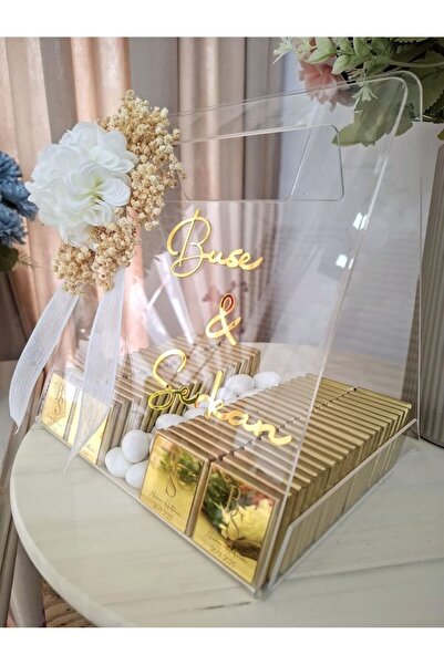 PERİ Pleksi Nişan Çikolata Kutusu Çanta Model 70 Adet Çikolatalı Drajeli