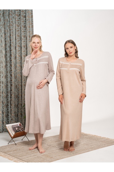 BLACKMORE Beige Melange Lace Detailed Cotton Oversized (Plus Size) Long Sleeve Nightdress