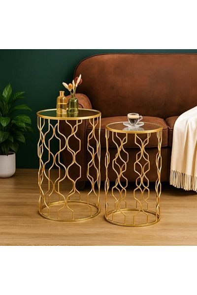 genric FFD Reflective Nested Side Tables (Set of 2) - Golden Metal Frame Coffee Tables