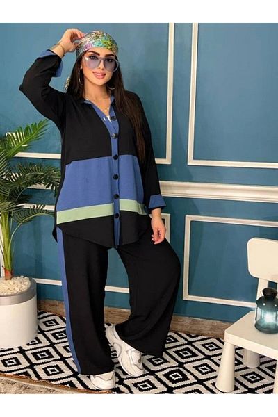 Swan Casual Set, 2 pieces, Pants, Blouse, Buttons, Crepe CY, Striped, Casual