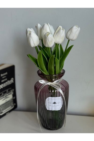 BUCOLIC Elegance Striped Glass Vase Sunset & Wet Tulip Bouquet