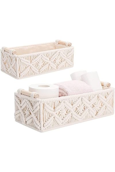 SKY TOUCH SKY-TOUCH Handwoven Macrame Storage Baskets, Woven Toilet Paper Basket with Handle for Bathroom Coun