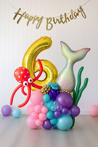 PARTİAVM 6 Yaş Kız Çocuk Doğum Günü Deniz Kızı Balon Buketi Denizkızı Tema Go...