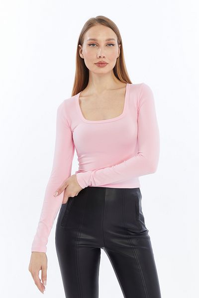 Pawle Women's Pink Square Neck Long Sleeve Crop Blouse
