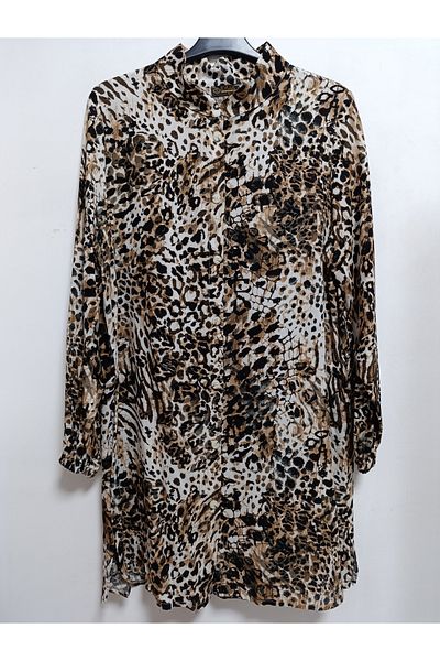 AKŞEN GİYİM Plus Size 100% Cotton Viscose Leopard Patterned Long Sleeve Buttoned Tunic in 100 cm Length