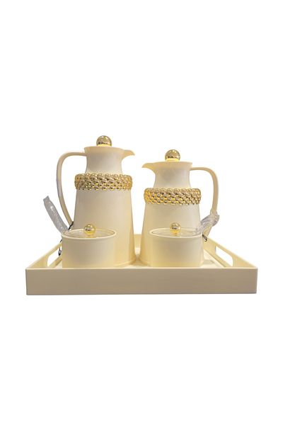 DVINA 5-piece set of thermoses for tea and coffee with a serving tray, sugar bowl, and date box, beige