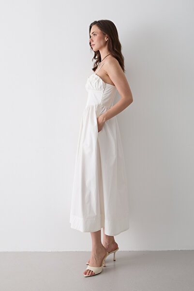 Laluvia White Waist Detailed Poplin Dress - 2001