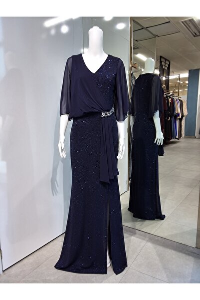 Butik Üzeri̇ Şi̇fon Beli̇ Taş Detayli Uzun Si̇mli̇ Battal Abi̇ye