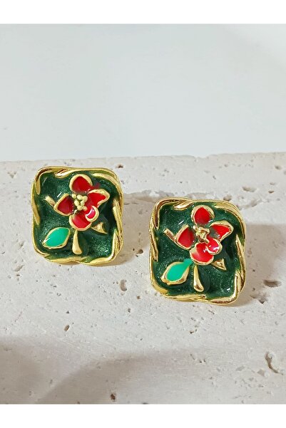 mos&more Yeşil Mineli Retro Çiçek Gold Küpe