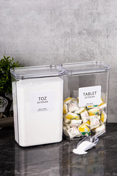 Minya Home 2 Adet Vakum Kapaklı Deterjanlık Seti Tablet & Toz Deterjan Saklama Kabı Ölçekli Hediyeli 3000 ml