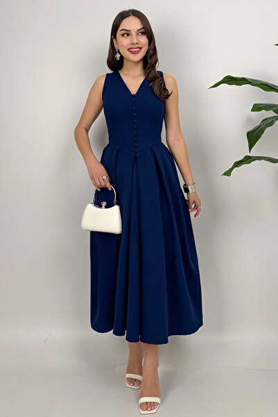 Dolcha Nora Kadın Şık Ofis, Günlük ve Davet Lacivert Elbise – Rahat ve Modern Tasarım