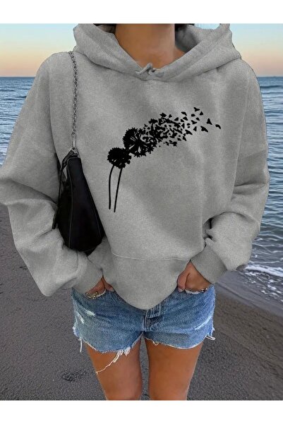 FUFLUNS سويت شيرت بقلنسوة كبير الحجم للجنسين مطبوع عليه الفراشة من KARAHİNDİBA