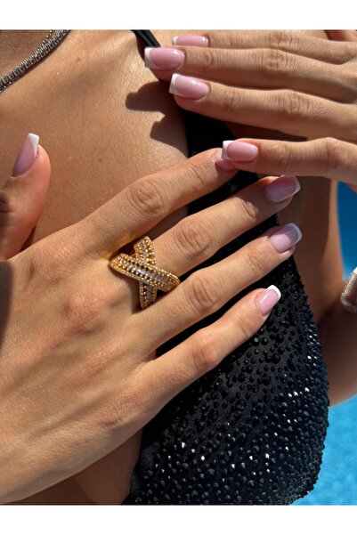 AJE JEWELRY FULL TAŞLI ÇAPRAZ MODEL GOLD YÜZÜK