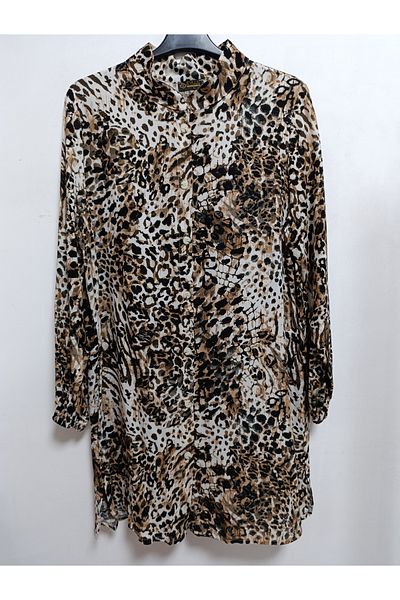 AKŞEN GİYİM Plus Size 100% Cotton Viscose Leopard Patterned Long Sleeve Buttoned Tunic in 100 cm Length