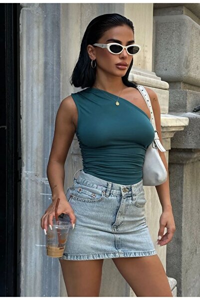 boutiquen Linich&Co One Shoulder and Side Gathered Stretch Crop Blouse Wft4048B