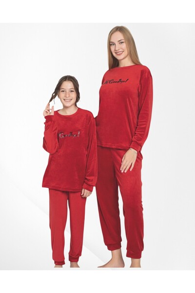 Pajama Shop Women's Cotton Velvet Fabric Red Color Teddy Bear Goodbye Patterned Winter Mother-Daughter Pajama Set