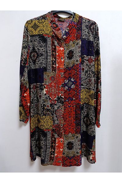 AKŞEN GİYİM Plus Size 100% Cotton Viscose Ethnic Patterned Long Sleeve Buttoned Tunic in 100 cm Length
