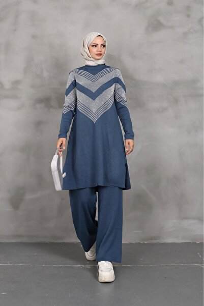 nacar çarşı Kadın Kendinden Simli Uzun Triko Tunik Kazak – Günlük & Şık