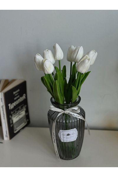 BUCOLIC Elegance Striped Glass Vase Midnight Blue & White Spring - Wet Tulip