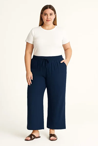 enmodaiçgiyim Large Size Navy Blue 100% Cotton Muslin Fabric Loose Leg Comfortable Fit Women's Trousers with Pockets