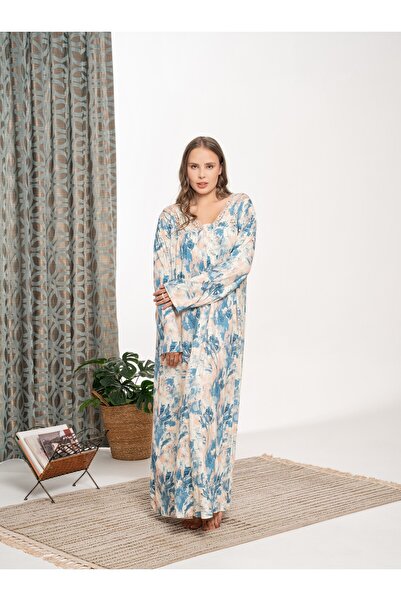 BLACKMORE Blue Patterned Winter Cotton Battal (Plus Size) Long Sleeve Nightgown