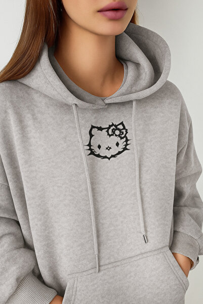 De Carte سويت شيرت نسائي بقلنسوة مطبوع عليه HelloKitty باللونين الأسود والرما...