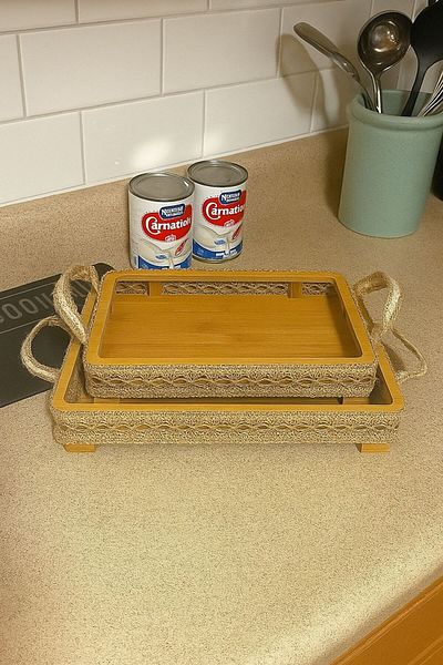 MOSTAFA Set of 2 rectangular wooden trays with porcelain edges and a porcelain handle for serving food