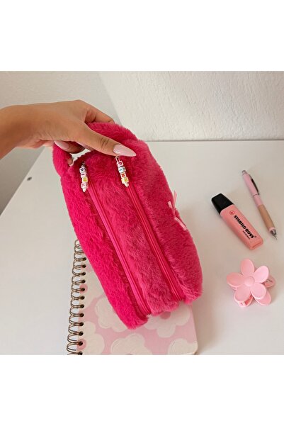 PİNKUE مقلمة فوشيا قطيفة بسحاب مزدوج - حامل أقلام رصاص بسحاب مزدوج من القطيفة...