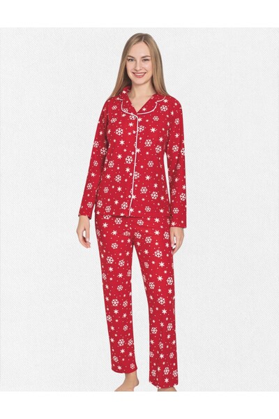 Fil Kids Women's Cotton Fabric Suede Red Snowflake Patterned Piping Shirt Collar Mother-Daughter Pajama Set