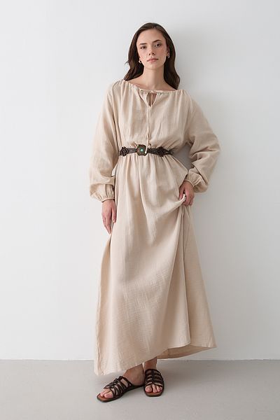 Laluvia Natural Binding Detailed Muslin Dress - 2003
