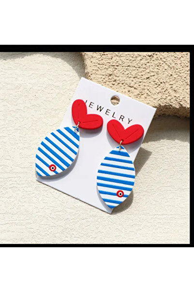 MODA Kırmızı Kalp ve Mavi-Beyaz Çizgili Balık Tasarım Küpe – 5.8x2.5 cm