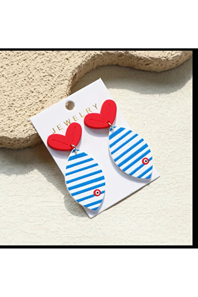 MODA Kırmızı Kalp ve Mavi-Beyaz Çizgili Balık Tasarım Küpe – 5.8x2.5 cm