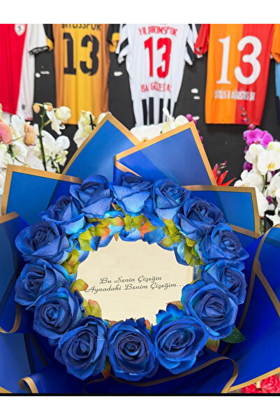 Dizayn Aynalı Mavi Gül Buketi Preminyum