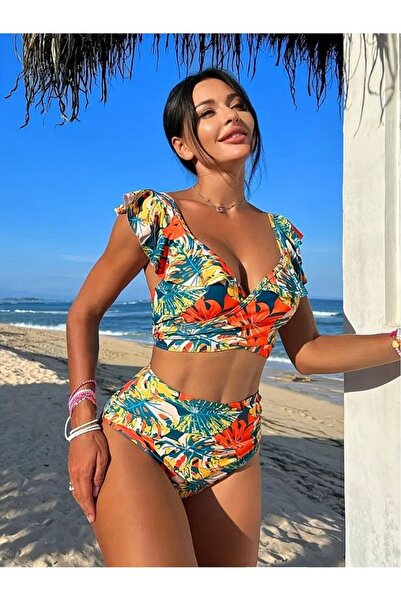 Bermody Tropical Floral Print Ruffled High Waist V Neck Criss Cross Tie-Up 2Piece Bikini-Swimsuit Set