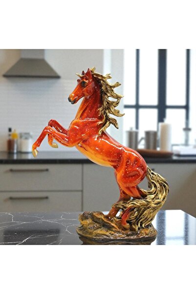 Kuzey Tacı Parlak Polyester Şahlanan At Heykeli – Altın Detaylı Turuncu Dekor...