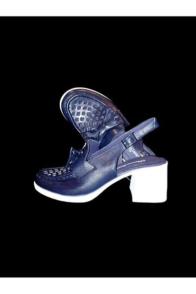 MaisonStanbul Rita Wide Heel Navy Blue Leather Shoes