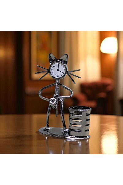Kuzey Tacı Metal Kedi Tasarımlı Masa Saati ve Kalemlik Seti Vip