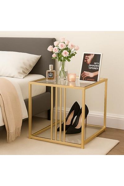 genric FFD Square End Table with Marble & Clear Top, Black & Gold Metal Frame, Space-Saving & Durable