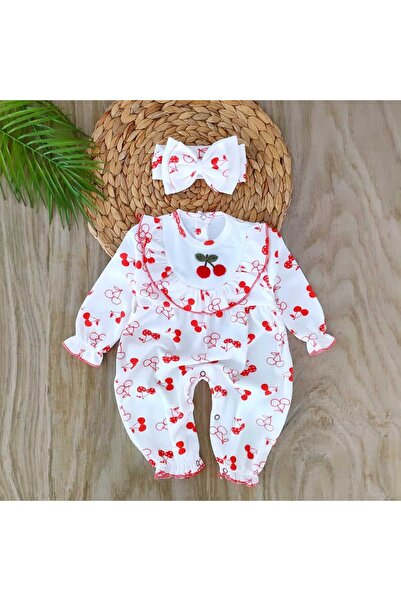 bebe kervanı Kız Bebek % 100 Doğal Pamuklu KIrmızı Kirazlı 2'li Tulum Seti BB...