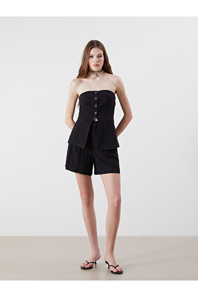 LC Waikiki Black Loose Fit Linen Blend Women's Pleated Shorts