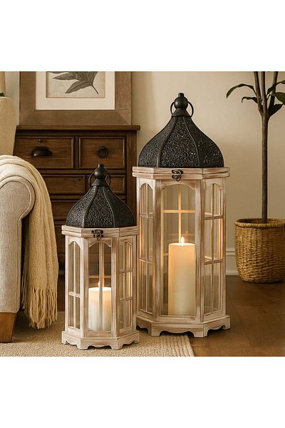 Vi Markets Rustic Lantern Set - Black Metal Accents