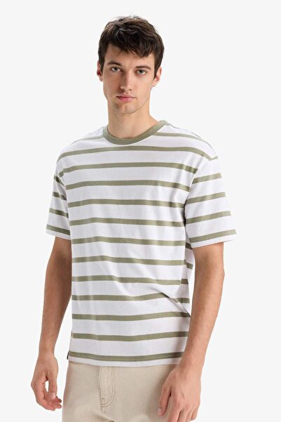 DeFacto 100% Cotton Boxy Fit Relaxed Fit Crew Neck Striped Short Sleeve T-Shirt E1160Ax25Au
