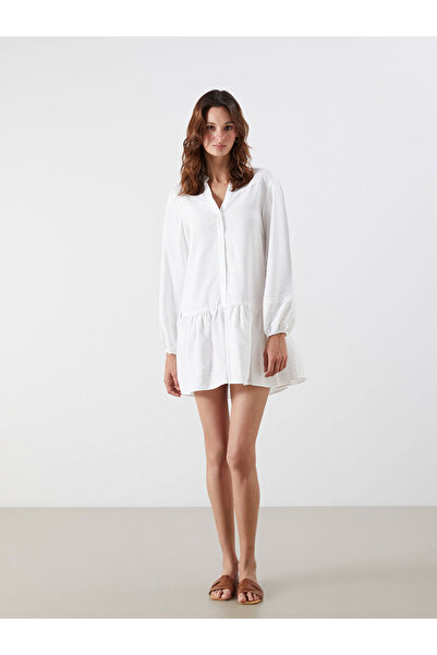 LC Waikiki Біла міні-сукня А-силуету з вишивкою та відкритим коміром