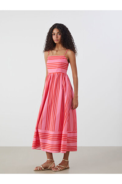 LC Waikiki Pink square neck striped dress with straps and waist tie