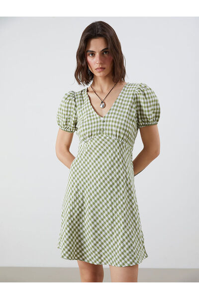 LC Waikiki Green Balloon Sleeve Plaid Waist Mini Dress