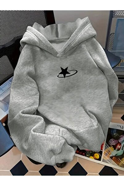 FUFLUNS YILDIZ BASKILI OVERSİZE UNISEX KAPÜŞONLU SWEATSHİRT